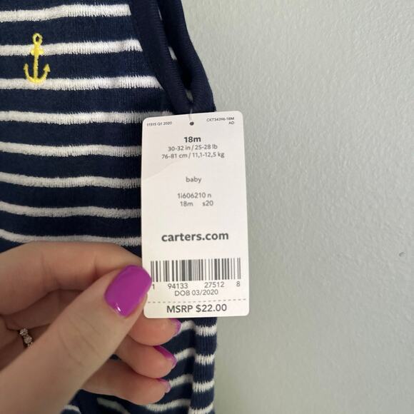 NWT Carter’s Baby Boy size 18 Month French Terry Striped Nautical Blue Romper - Picture 4 of 5